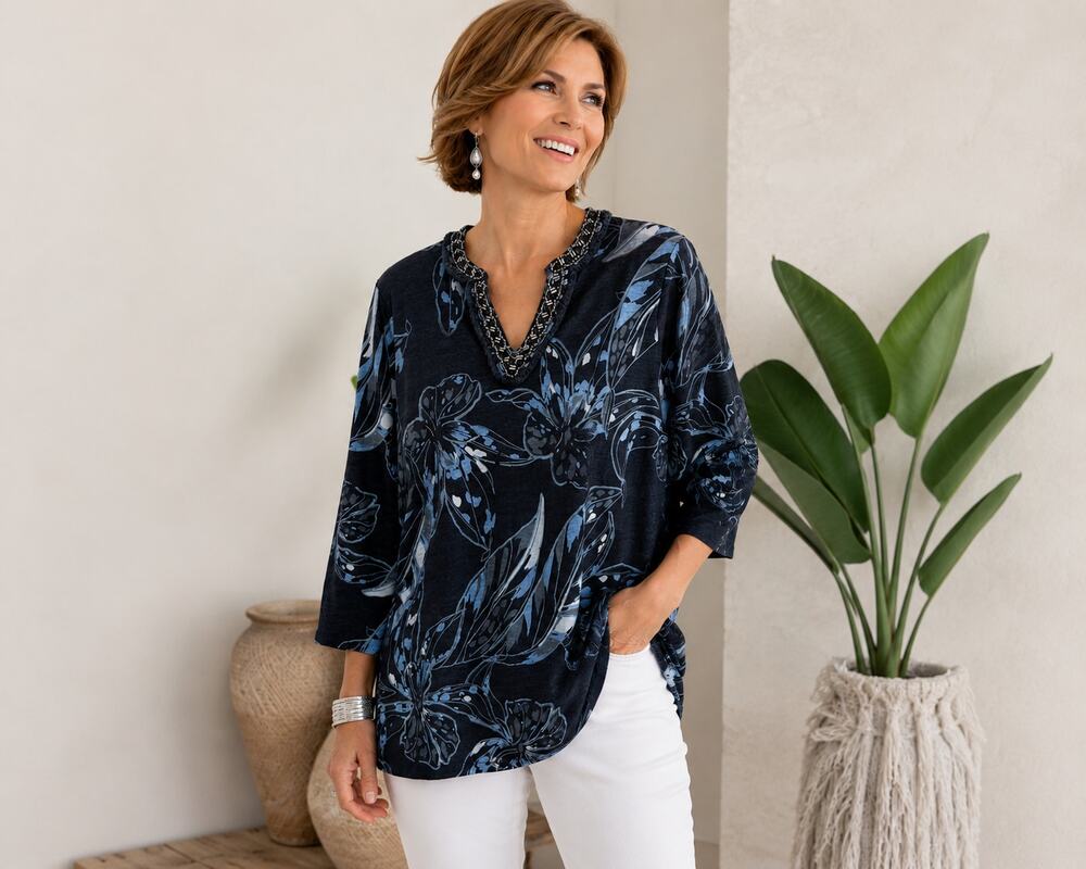 Chico's Linen Floral Embellished Tunic Top XL Size 3 NWT Beaded Neck Navy Blue
